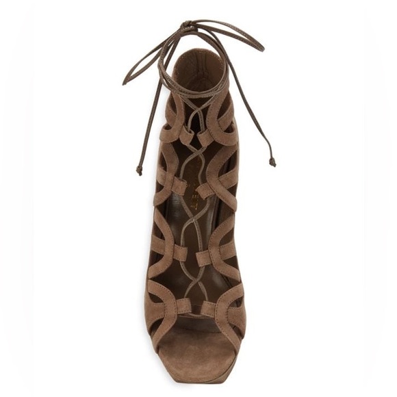 🆕 Saint Laurent Taupe Suede Tribute Ankle Wrap Lace Up Platform Stiletto - Picture 15 of 16